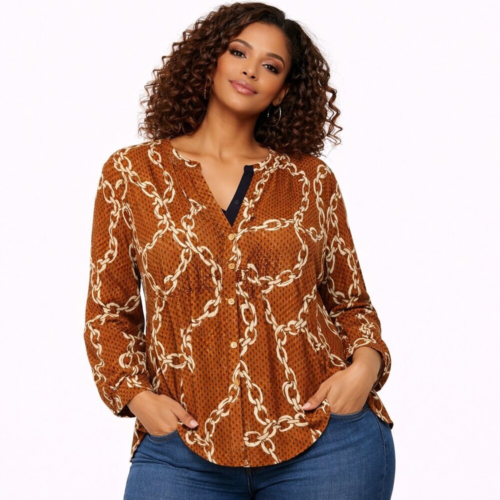 New Directions Tan Chain Print Long Sleeve Blouse | Stylish Pattern Top | Size X - Picture 1 of 5